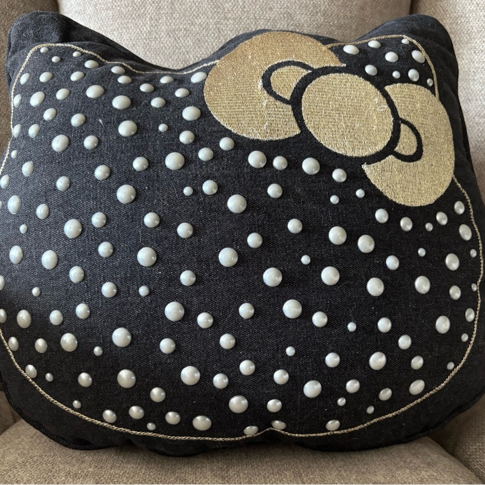 Pottery Barn Hello Kitty Denim, Gold & Pearl Accent Pillow